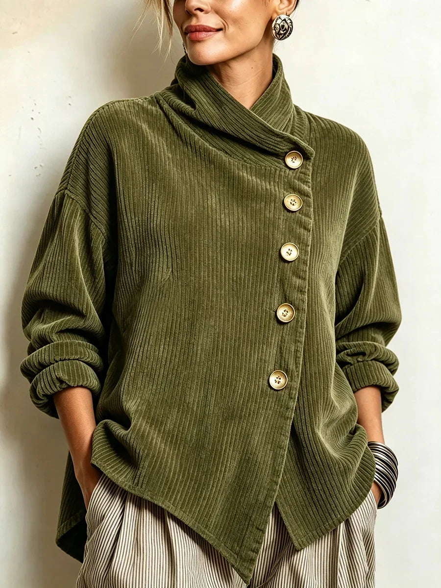 Olive corduroy button-up top with mock neck, front buttons, long sleeves.