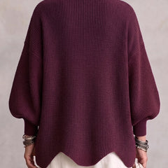 Oversized collared button cardigan, wine purple knit with ribbed hem (back view)