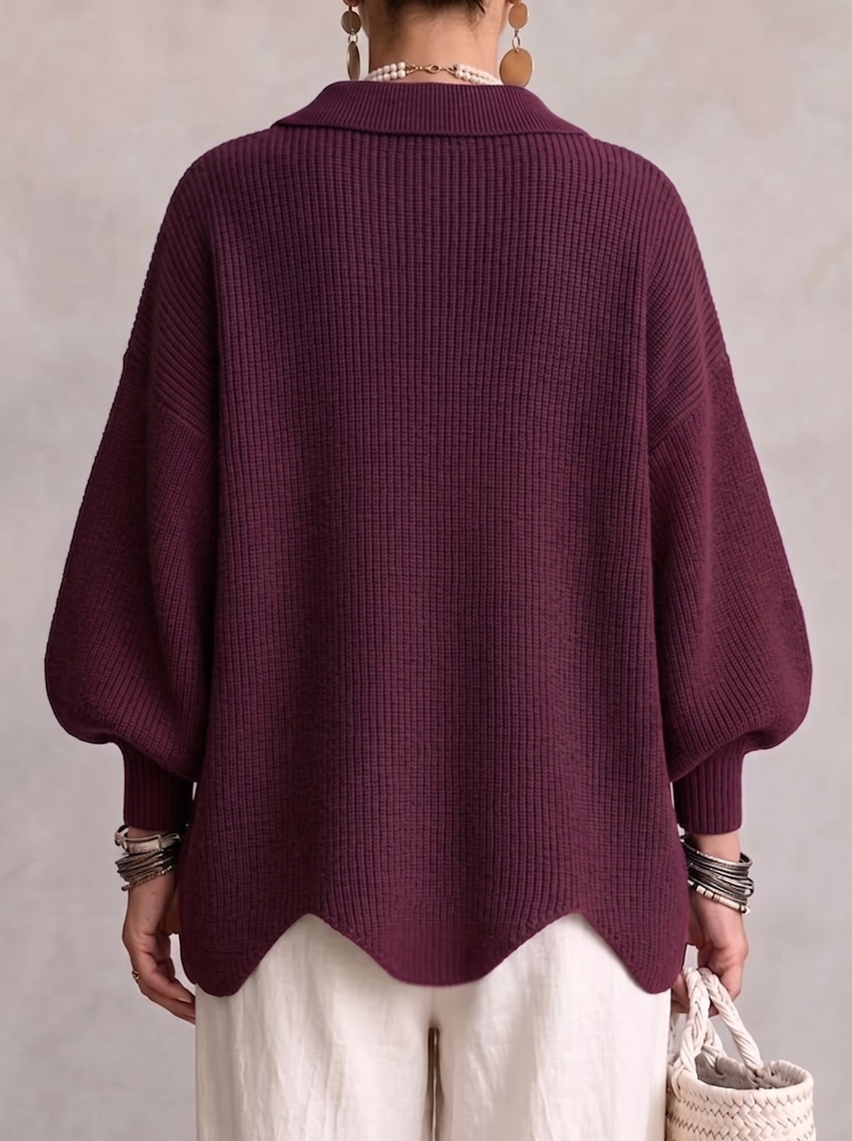 Oversized collared button cardigan, wine purple knit with ribbed hem (back view)