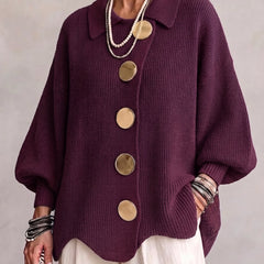 Oversized collared button cardigan, wine purple knit with drop-shoulder sleeves