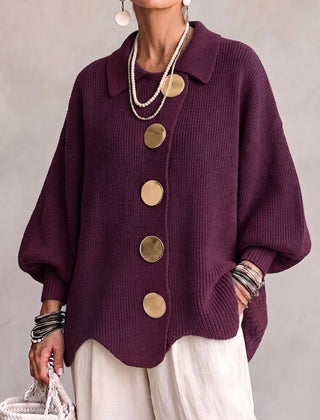 Oversized collared button cardigan, wine purple knit with drop-shoulder sleeves