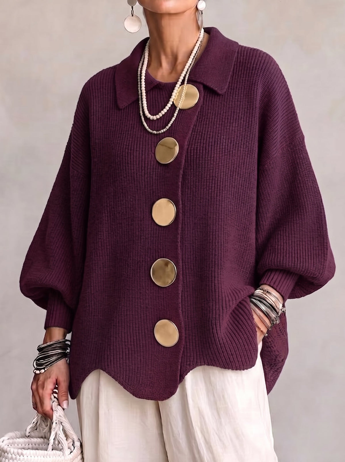 Oversized collared button cardigan, wine purple knit with drop-shoulder sleeves