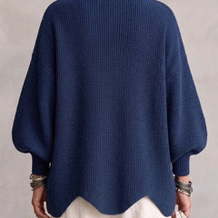 Oversized collared button cardigan, navy blue knit with ribbed hem (back view)