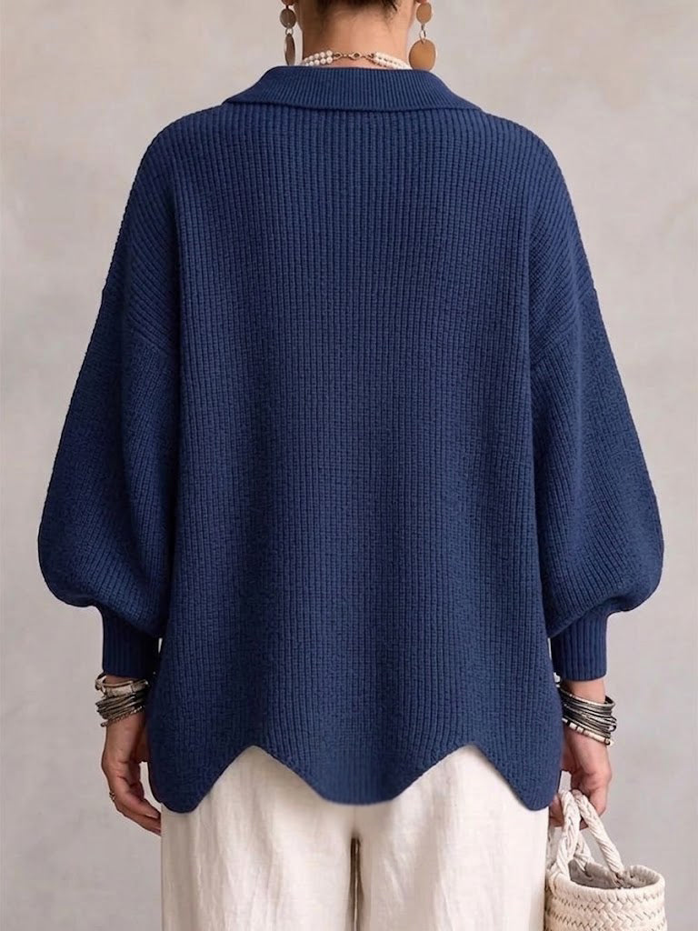 Oversized collared button cardigan, navy blue knit with ribbed hem (back view)