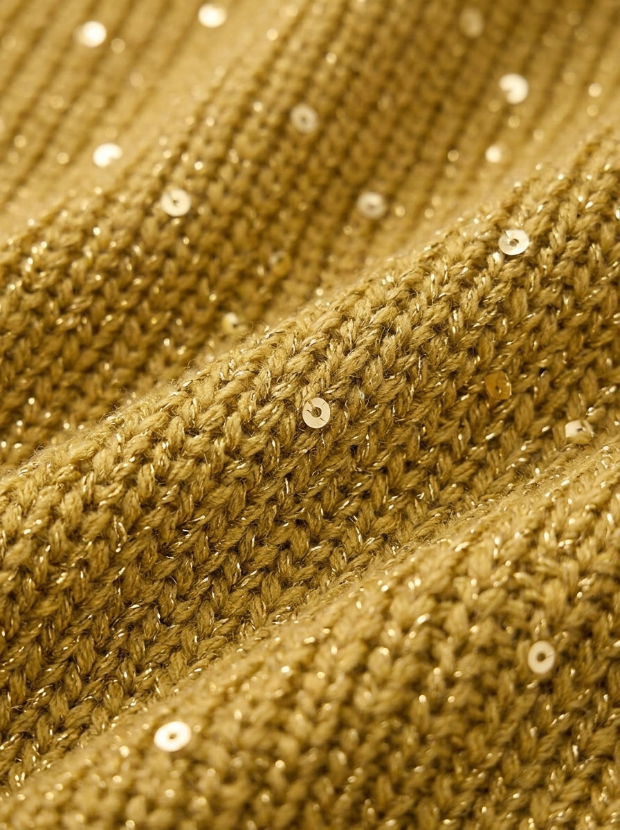 Close-up of gold sequin knit fabric with textured stitch detail