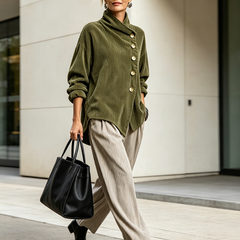 Olive corduroy button-up top with stand collar, long sleeves, and gold-tone buttons