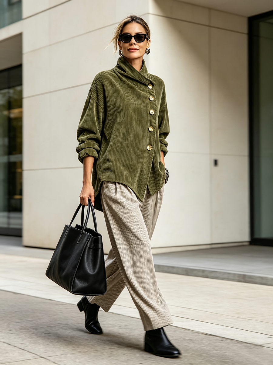 Olive corduroy button-up top with stand collar, long sleeves, and gold-tone buttons