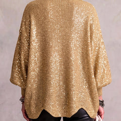 Oversized collared button cardigan, gold sequin knit with button placket (back view)
