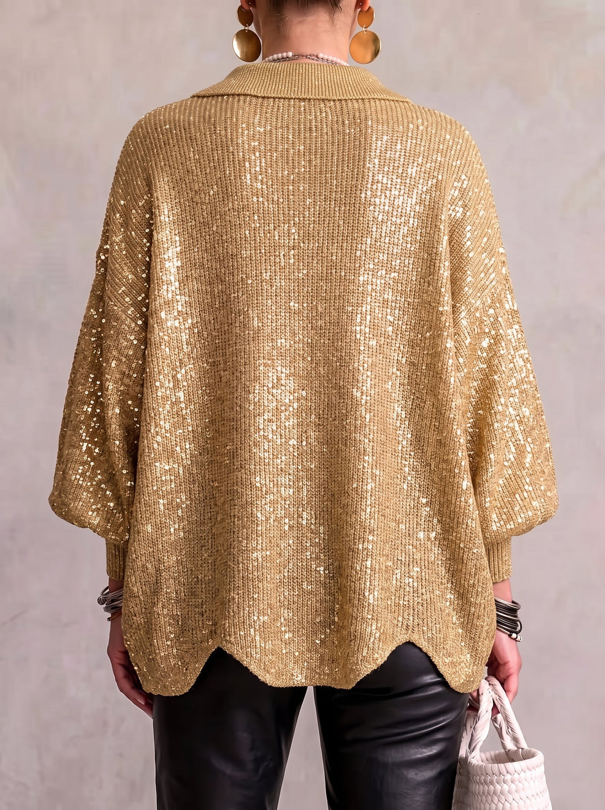 Oversized collared button cardigan, gold sequin knit with button placket (back view)