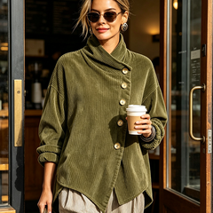 Olive corduroy button-up top with stand collar and gold-tone front buttons