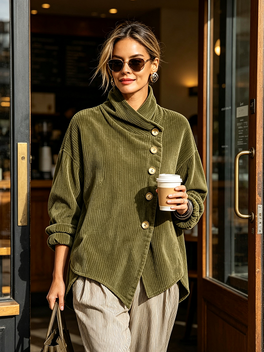 Olive corduroy button-up top with stand collar and gold-tone front buttons