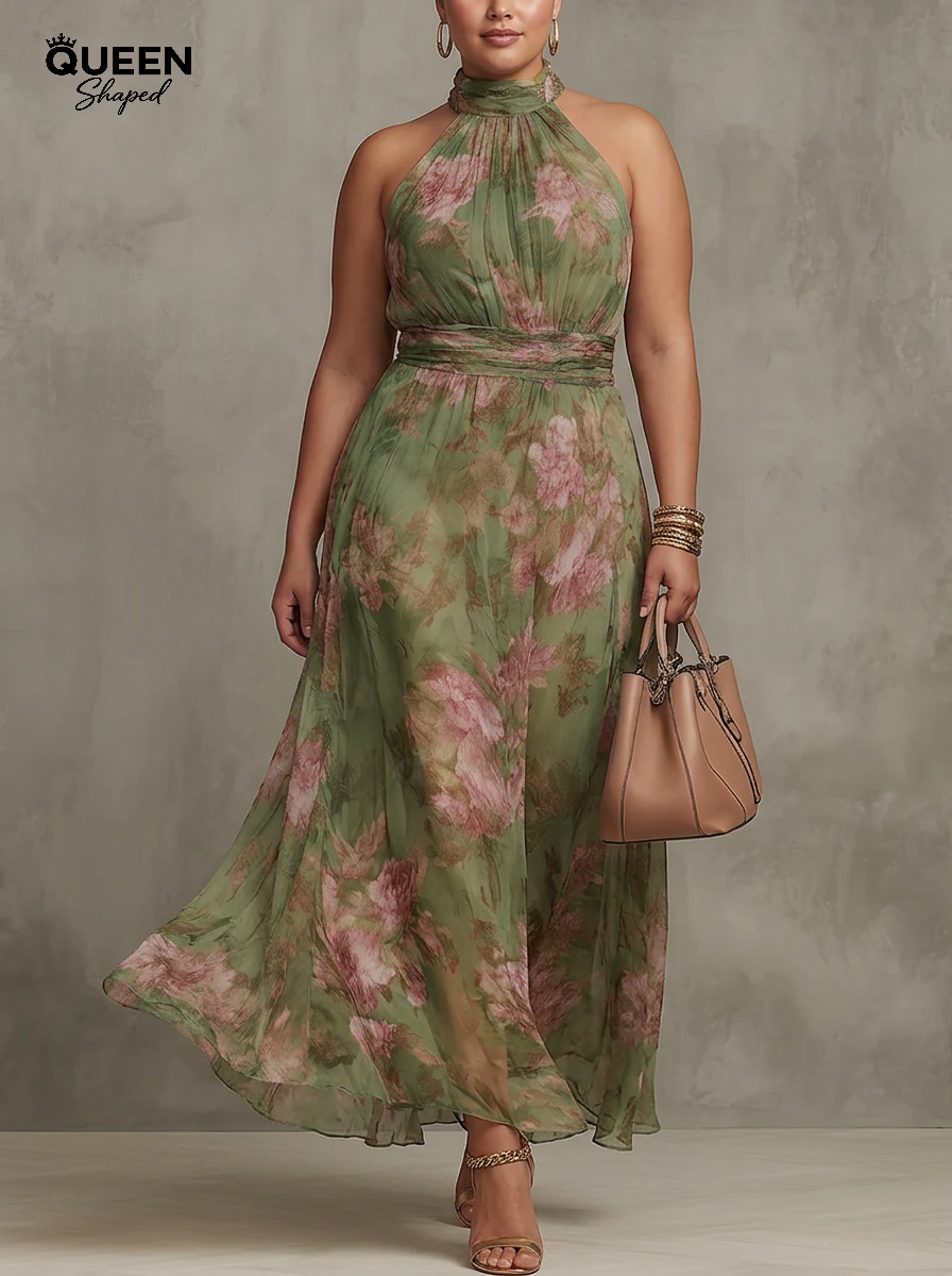 Florence | Green Floral Chiffon Halter Maxi Dress