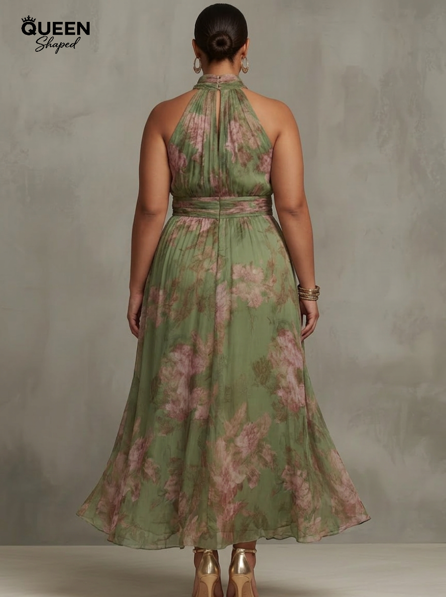 Florence | Green Floral Chiffon Halter Maxi Dress