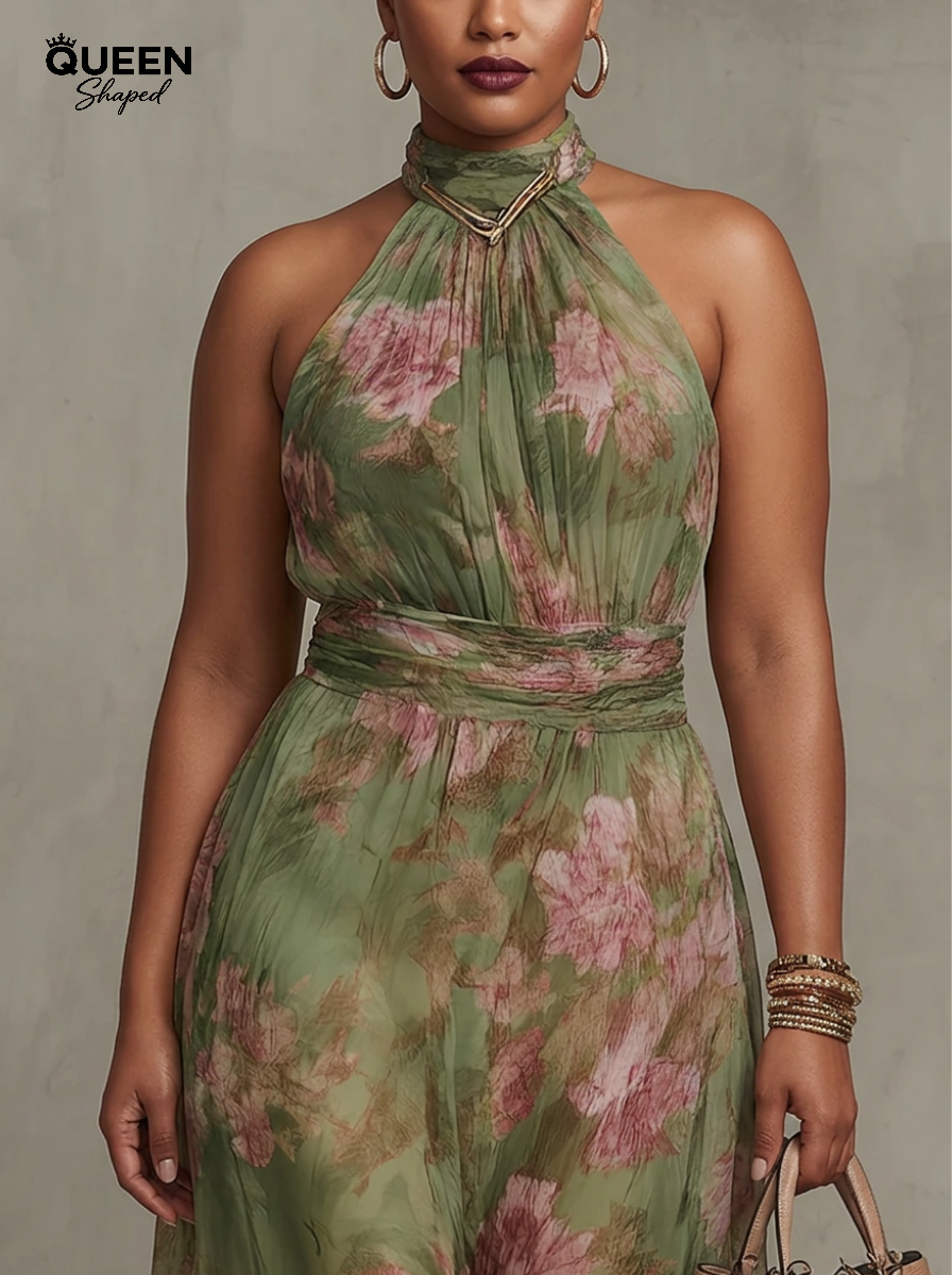 Florence | Green Floral Chiffon Halter Maxi Dress