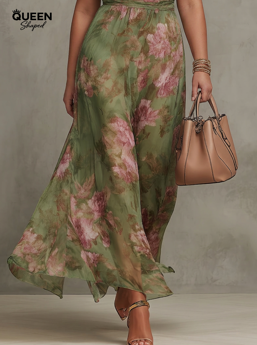 Florence | Green Floral Chiffon Halter Maxi Dress