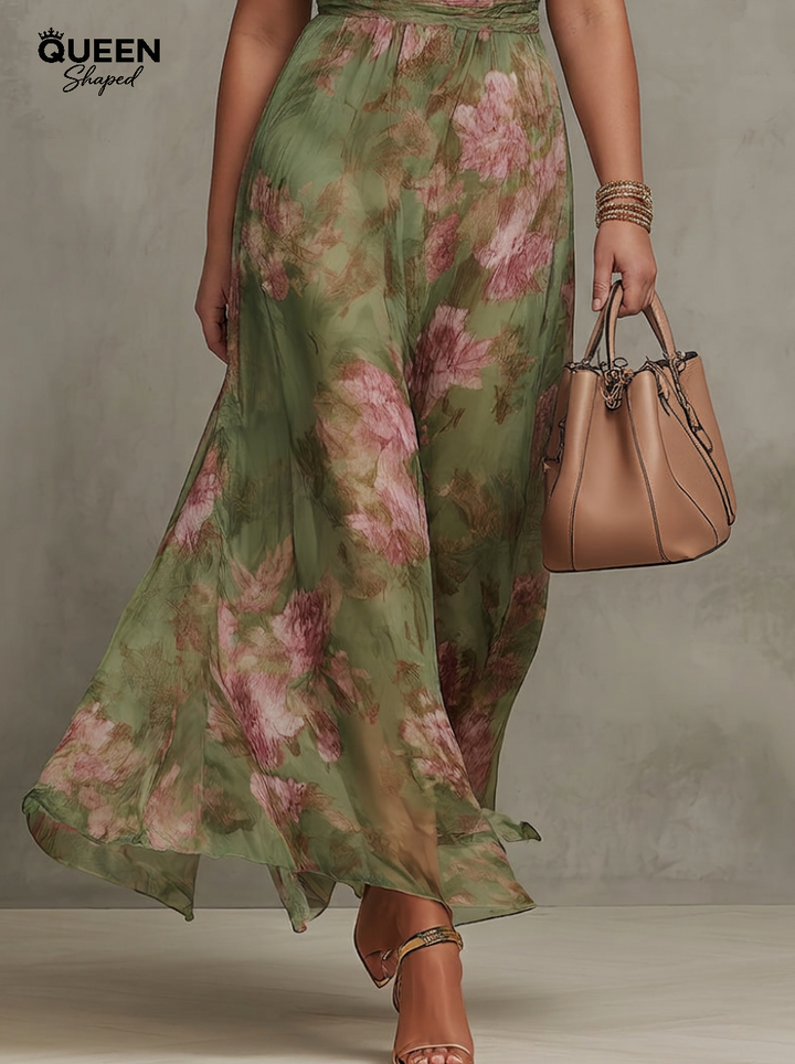 Florence | Green Floral Chiffon Halter Maxi Dress