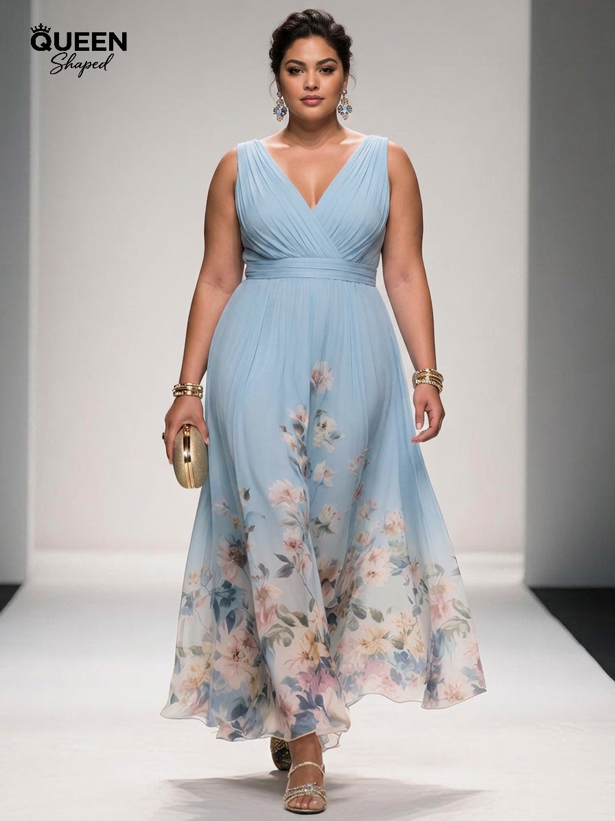 Rose | Light Blue Floral Chiffon V-Neck Maxi Dress