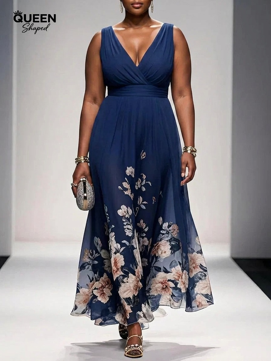 Rose | Light Blue Floral Chiffon V-Neck Maxi Dress