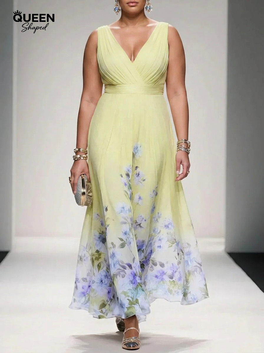 Rose | Light Blue Floral Chiffon V-Neck Maxi Dress