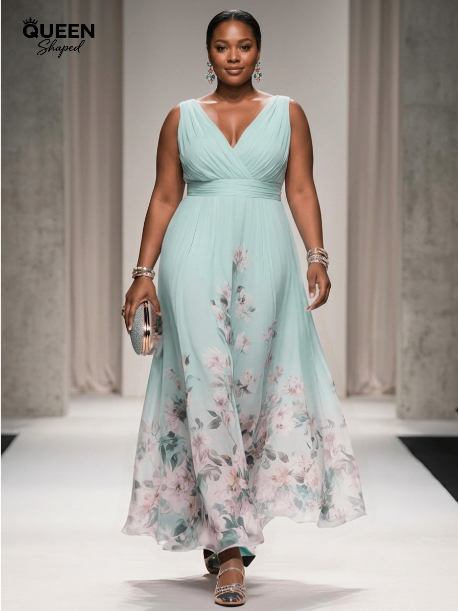 Rose | Light Blue Floral Chiffon V-Neck Maxi Dress
