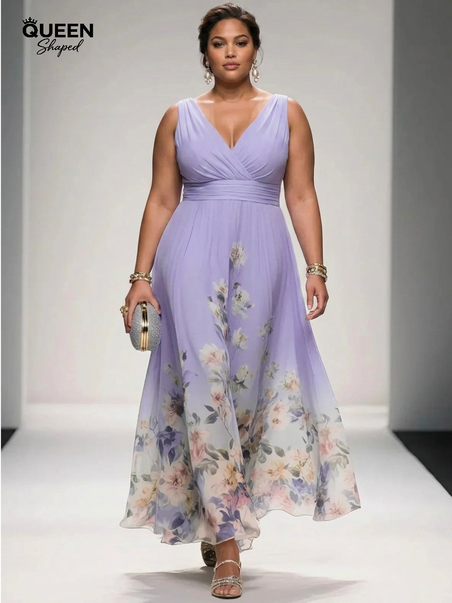 Rose | Light Blue Floral Chiffon V-Neck Maxi Dress