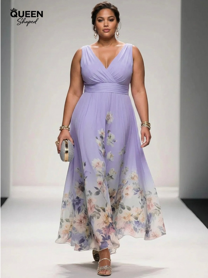Rose | Light Blue Floral Chiffon V-Neck Maxi Dress
