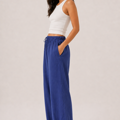 Brennan pants in cobalt blue, full-length wide-leg with elastic waistband