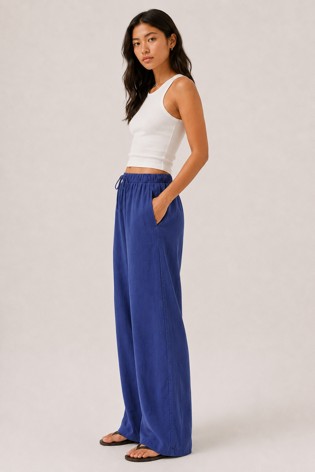 Brennan pants in cobalt blue, full-length wide-leg with elastic waistband