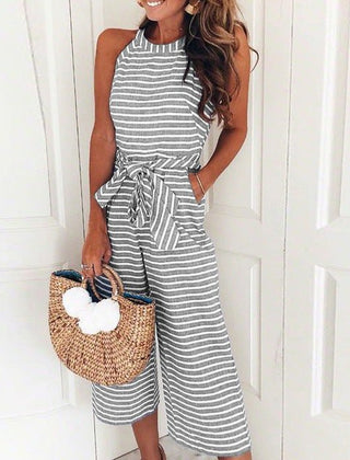 Juna striped jumpsuit in grey, sleeveless with tied waist and wide legs