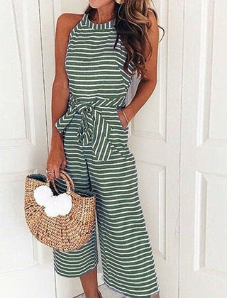 Juna striped jumpsuit in green, sleeveless with tied waist and wide legs