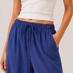 Brennan pants in cobalt blue, elastic waist with tied drawstring