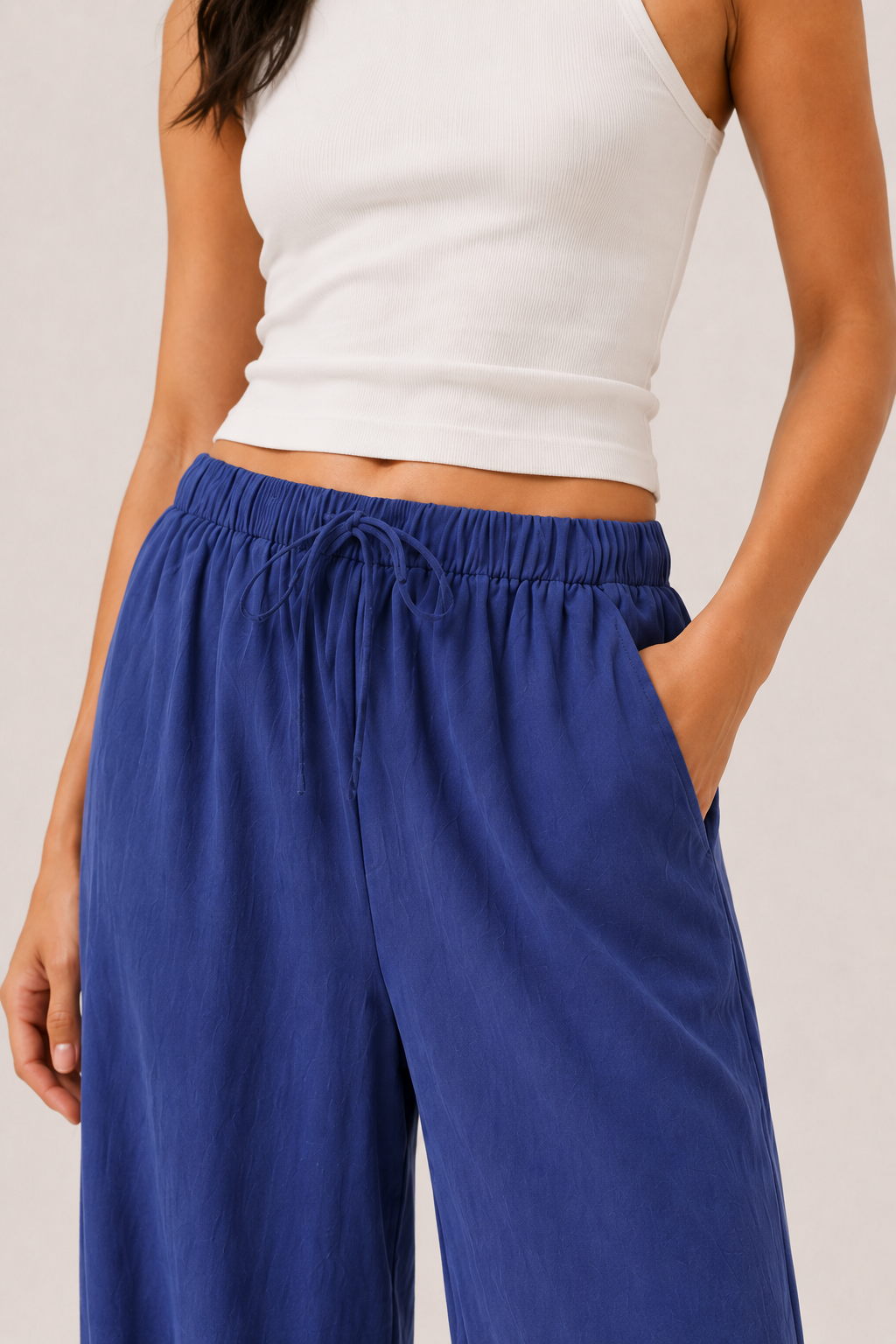 Brennan pants in cobalt blue, elastic waist with tied drawstring