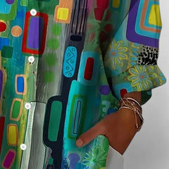 Rose™ geometric print blouse detail with button line and wide gathered sleeve