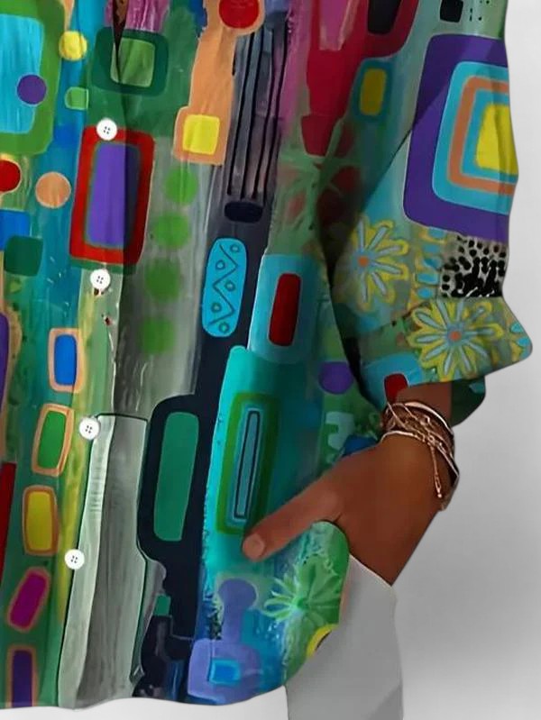 Rose™ geometric print blouse detail with button line and wide gathered sleeve