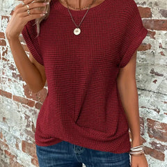 Women's burgundy sweetheart round-neck short-sleeve knit T-shirt with draped front knot