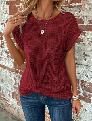 Women's burgundy sweetheart round-neck short-sleeve knit T-shirt with draped front knot
