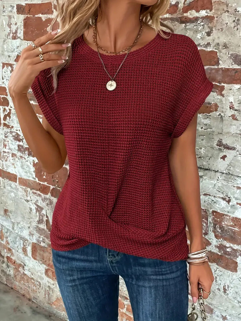 Women's burgundy sweetheart round-neck short-sleeve knit T-shirt with draped front knot