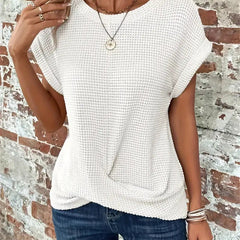 Women's white sweetheart round-neck short-sleeve knit T-shirt with draped front knot