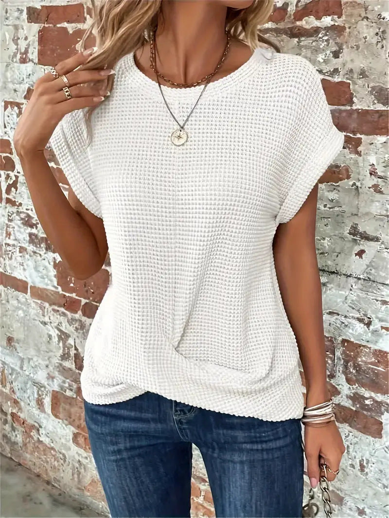 Women's white sweetheart round-neck short-sleeve knit T-shirt with draped front knot