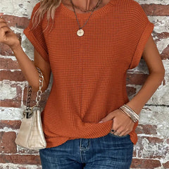 Women's orange sweetheart round-neck short-sleeve knit T-shirt with draped front knot