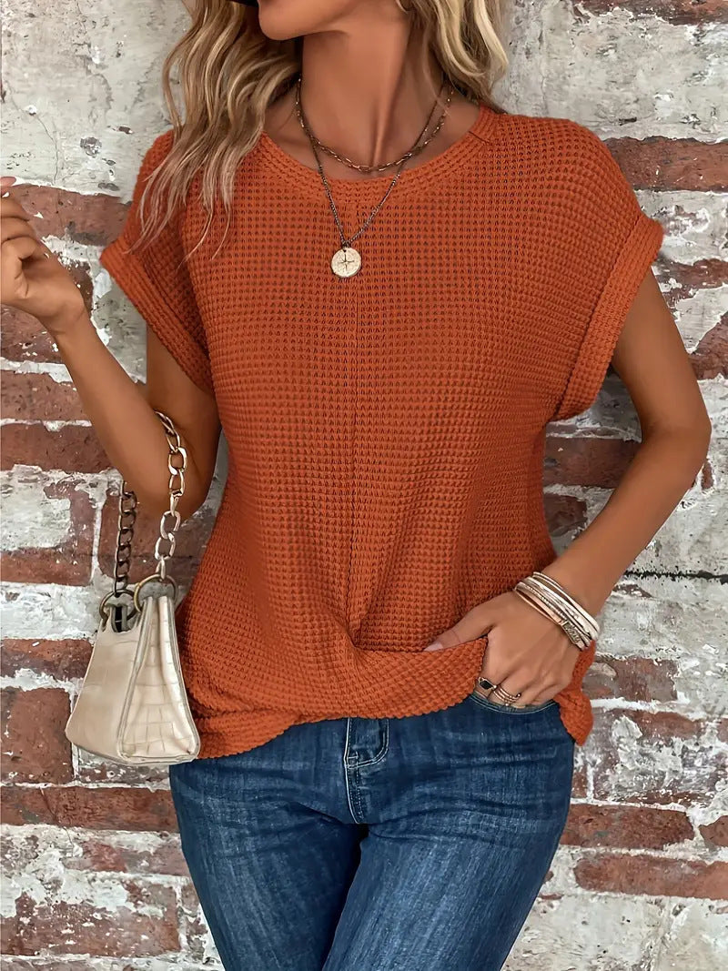 Women's orange sweetheart round-neck short-sleeve knit T-shirt with draped front knot