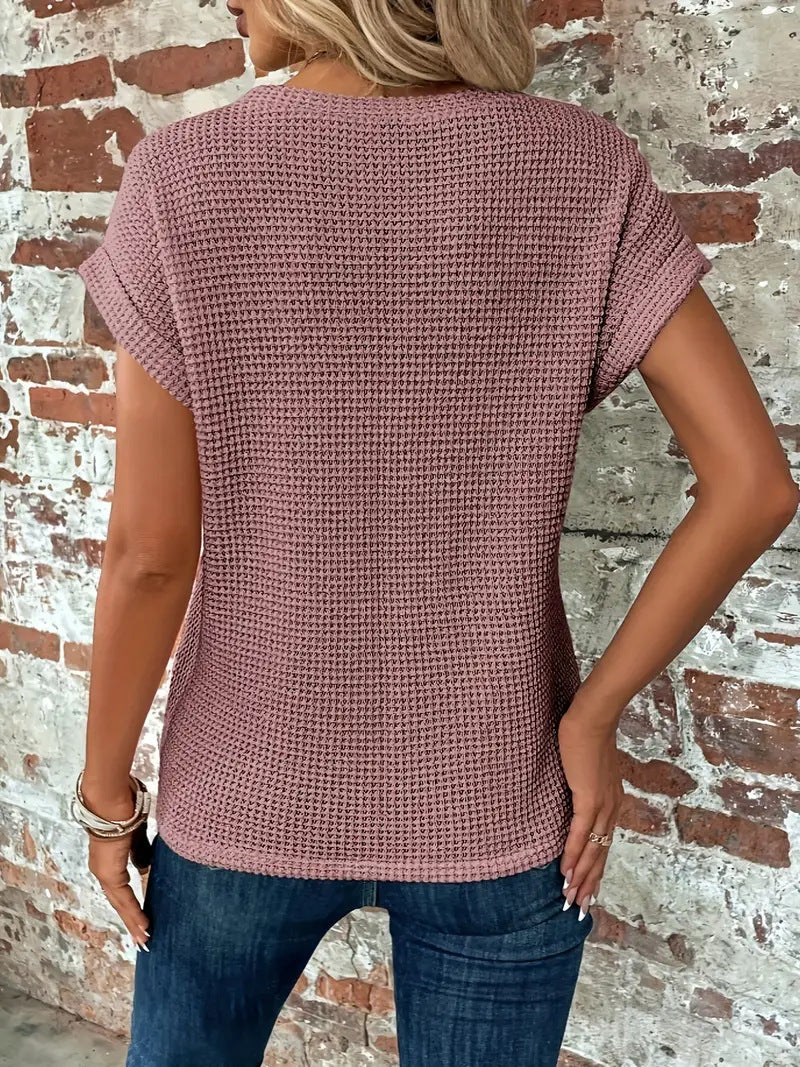 Women's mauve sweetheart round-neck short-sleeve knit T-shirt, back view