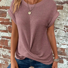 Women's mauve sweetheart round-neck short-sleeve knit T-shirt with draped front knot