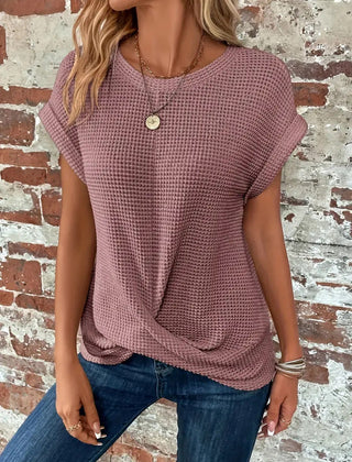 Women's mauve sweetheart round-neck short-sleeve knit T-shirt with draped front knot