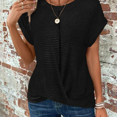 Women's black sweetheart round-neck short-sleeve knit T-shirt with draped front knot