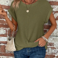 Women's olive-green sweetheart round-neck short-sleeve knit T-shirt with draped front knot