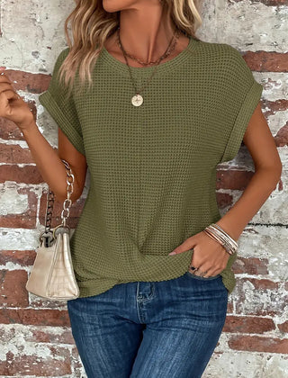 Women's olive-green sweetheart round-neck short-sleeve knit T-shirt with draped front knot