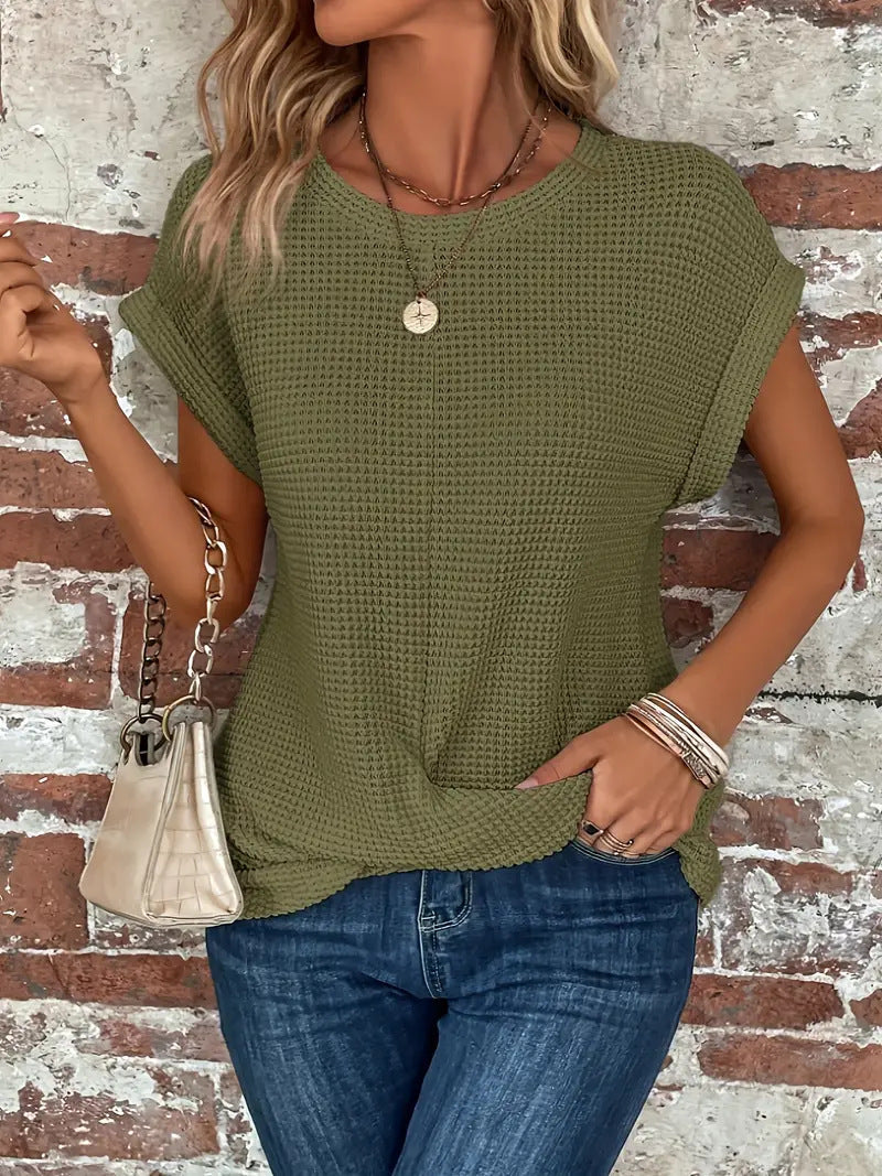 Women's olive-green sweetheart round-neck short-sleeve knit T-shirt with draped front knot