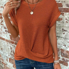 Women's orange sweetheart round-neck short-sleeve knit T-shirt with gathered front