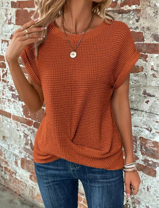 Women's orange sweetheart round-neck short-sleeve knit T-shirt with gathered front